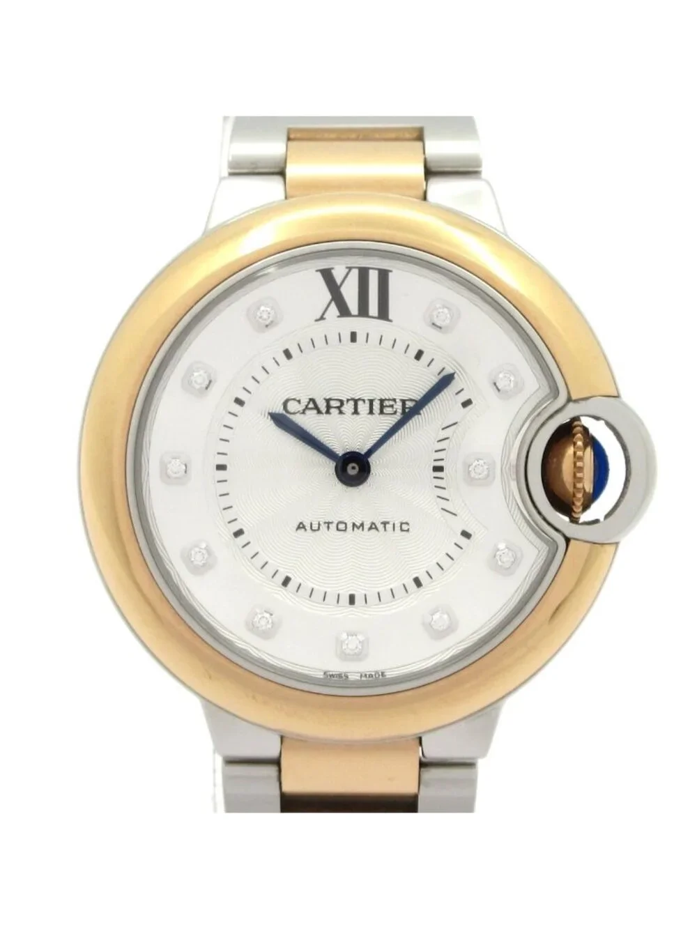 Cartier Watch Baron Blue de SS 18k Pink Diamond Index Required OH Silver
